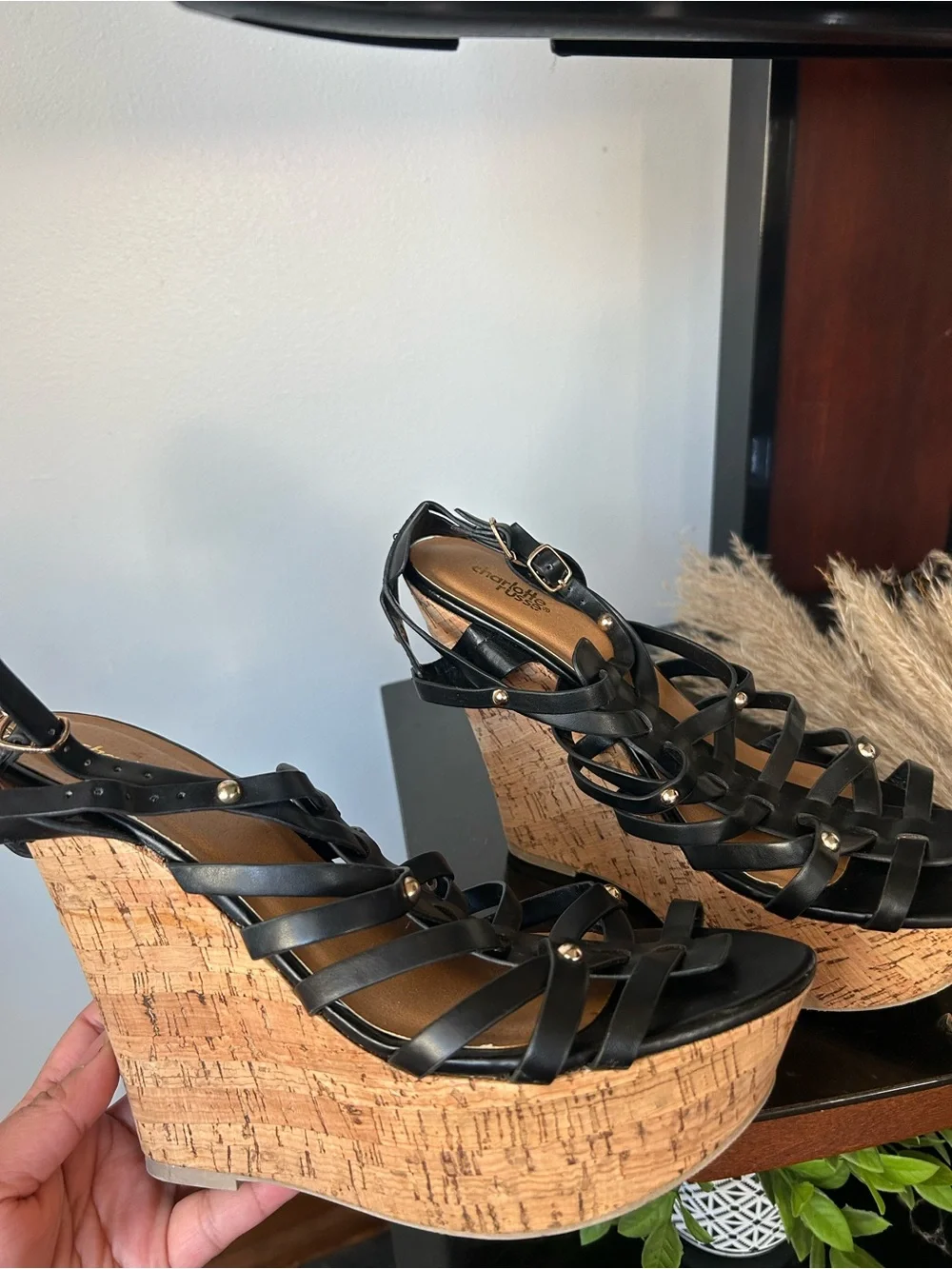 Black Strappy Cork Wedge Sandals - Women 10